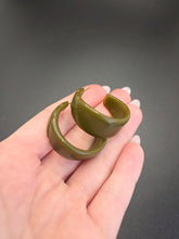 Load image into Gallery viewer, 1940s Dark Green Carved Bakelite Hoop Earrings
