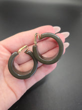 Load image into Gallery viewer, 1940s Khaki Sheer Green Bakelite Hoop Earrings
