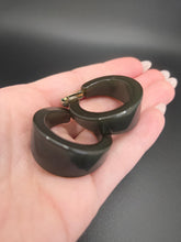 Load image into Gallery viewer, 1940s Khaki Sheer Green Bakelite Hoop Earrings
