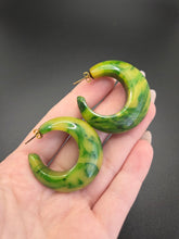 Load image into Gallery viewer, 1940s Bright Green and Yellow Marbled Bakelite Hoop Earrings
