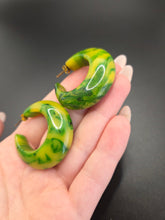 Load image into Gallery viewer, 1940s Bright Green and Yellow Marbled Bakelite Hoop Earrings
