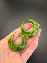 Load image into Gallery viewer, 1940s Bright Green and Yellow Marbled Bakelite Hoop Earrings
