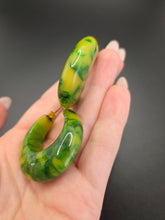 Load image into Gallery viewer, 1940s Bright Green and Yellow Marbled Bakelite Hoop Earrings
