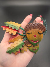 Load image into Gallery viewer, 1940s HUGE RARE Painted Wood Leaf and Acorn Brooch
