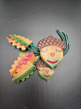 Load image into Gallery viewer, 1940s HUGE RARE Painted Wood Leaf and Acorn Brooch
