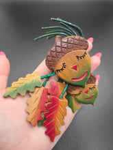 Load image into Gallery viewer, 1940s HUGE RARE Painted Wood Leaf and Acorn Brooch
