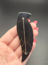 Load image into Gallery viewer, 1940s Dark Blue Moon Pointy Bakelite Brooch With Inlaid Brass
