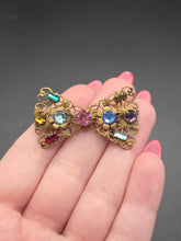 Load image into Gallery viewer, 1930s Czech Gold Tone Filigree Glass Bow Brooch
