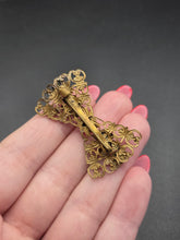 Load image into Gallery viewer, 1930s Czech Gold Tone Filigree Glass Bow Brooch
