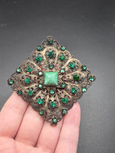 Load image into Gallery viewer, 1930s Mega Czech Green Glass Filigree Brooch
