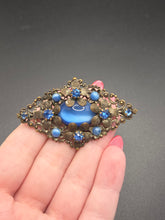 Load image into Gallery viewer, 1930s Czech Blue Satin Glass Filigree Brooch
