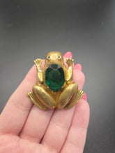 Load image into Gallery viewer, 1930s Deco Green Glass and Brass Frog Brooch
