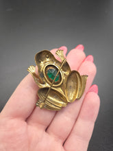 Load image into Gallery viewer, 1930s Deco Green Glass and Brass Frog Brooch
