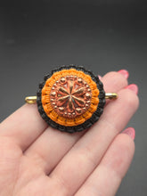 Load image into Gallery viewer, 1940s Make Do and Mend Orange, Black and Bronze Wirework Brooch
