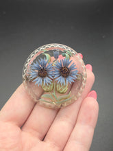 Load image into Gallery viewer, 1940s Chunky Blue Flower Reverse Carved Lucite Circle Brooch
