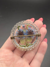 Load image into Gallery viewer, 1940s Chunky Blue Flower Reverse Carved Lucite Circle Brooch
