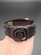 Load image into Gallery viewer, 1930s Rare Chunky Dark Green Carved Rose Bakelite Clamper Bangle
