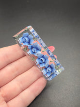 Load image into Gallery viewer, 1940s Blue Flower Rectangle Reverse Carved Lucite Brooch
