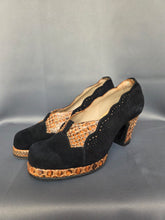Load image into Gallery viewer, 1940s Black Suede and Brown Snakeskin Platform Court Shoes
