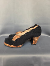 Load image into Gallery viewer, 1940s Black Suede and Brown Snakeskin Platform Court Shoes
