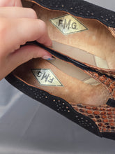 Load image into Gallery viewer, 1940s Black Suede and Brown Snakeskin Platform Court Shoes
