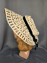 Load image into Gallery viewer, 1940s Cream Lace Raffia Hat With Black Velvet Ribbon
