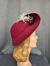 Load image into Gallery viewer, 1940s Dark Raspberry Red Felt Halo Hat With Huge Ostrich Feather
