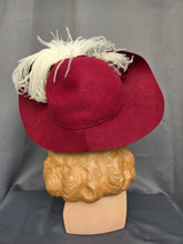 Load image into Gallery viewer, 1940s Dark Raspberry Red Felt Halo Hat With Huge Ostrich Feather
