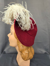 Load image into Gallery viewer, 1940s Dark Raspberry Red Felt Halo Hat With Huge Ostrich Feather

