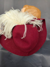 Load image into Gallery viewer, 1940s Dark Raspberry Red Felt Halo Hat With Huge Ostrich Feather
