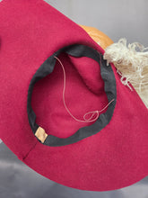Load image into Gallery viewer, 1940s Dark Raspberry Red Felt Halo Hat With Huge Ostrich Feather
