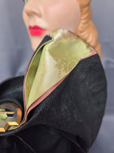 Load image into Gallery viewer, 1920s Black Raffia Hat With Green Ribbon and Buckle
