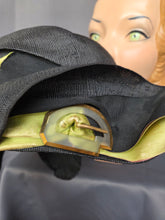 Load image into Gallery viewer, 1920s Black Raffia Hat With Green Ribbon and Buckle
