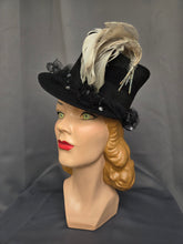 Load image into Gallery viewer, 1940s Amazing Black Heart Shape Topper Hat With Blue/Grey Feather
