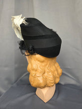 Load image into Gallery viewer, 1940s Amazing Black Heart Shape Topper Hat With Blue/Grey Feather
