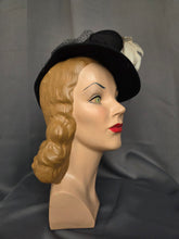 Load image into Gallery viewer, 1940s Amazing Black Heart Shape Topper Hat With Blue/Grey Feather
