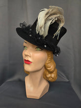 Load image into Gallery viewer, 1940s Amazing Black Heart Shape Topper Hat With Blue/Grey Feather
