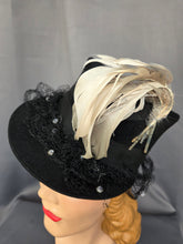 Load image into Gallery viewer, 1940s Amazing Black Heart Shape Topper Hat With Blue/Grey Feather
