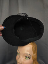 Load image into Gallery viewer, 1940s Amazing Black Heart Shape Topper Hat With Blue/Grey Feather

