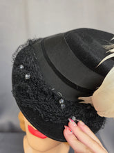 Load image into Gallery viewer, 1940s Amazing Black Heart Shape Topper Hat With Blue/Grey Feather
