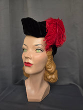 Load image into Gallery viewer, 1940s Black Velvet Tilt Hat With Red Feather
