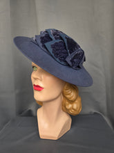 Load image into Gallery viewer, 1940s Dark Dusky Blue Velvet Leaf Tilt Hat
