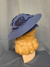Load image into Gallery viewer, 1940s Dark Dusky Blue Velvet Leaf Tilt Hat
