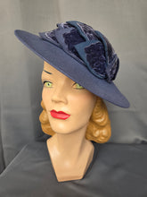 Load image into Gallery viewer, 1940s Dark Dusky Blue Velvet Leaf Tilt Hat
