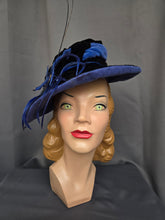 Load image into Gallery viewer, 1940s Black Velvet and Colbalt Blue Feather Hat
