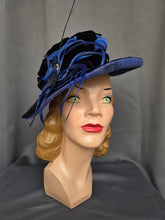 Load image into Gallery viewer, 1940s Black Velvet and Colbalt Blue Feather Hat
