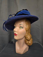 Load image into Gallery viewer, 1940s Black Velvet and Colbalt Blue Feather Hat
