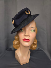 Load image into Gallery viewer, 1940s Navy Blue Raffia Tilt Hat With Wood Rings
