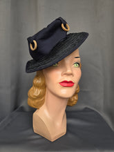 Load image into Gallery viewer, 1940s Navy Blue Raffia Tilt Hat With Wood Rings
