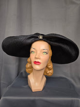 Load image into Gallery viewer, 1940s MEGA Black Raffia/Straw Halo Hat With Rhinestones
